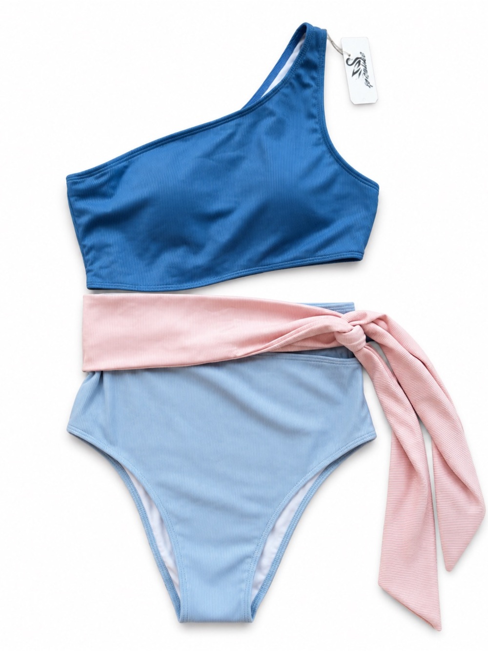 Womens Ribbed One-Shoulder Bikini Cutout High-Waist Tie Belt Swimsuit Size Large